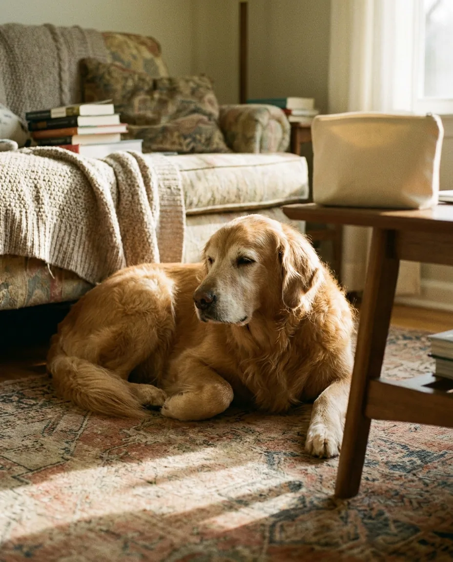 Senior dog resting comfortably at home